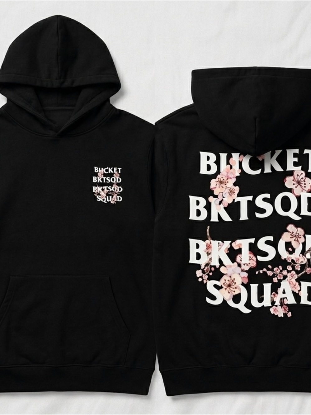 Black Floral Graphic Hoodie - 'BKTSQD' Bucket Squad M